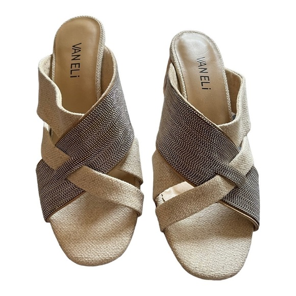 VANELI Lemmie linen metal bead cross strap slide, round bamboo reed heel, sz 7.5 - Picture 2 of 6